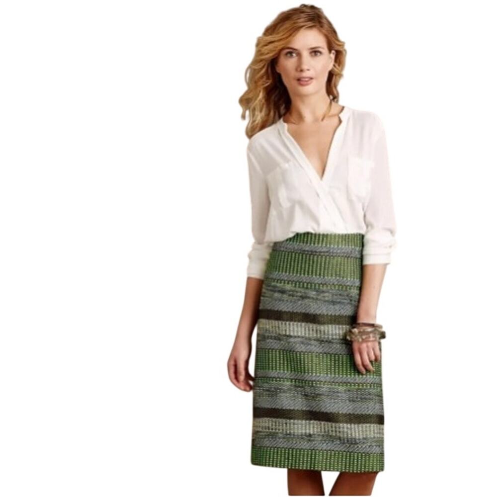 Leifsdottir Jade Green Striped Woven Tweed Pencil Skirt Women 6 Lined Textured
